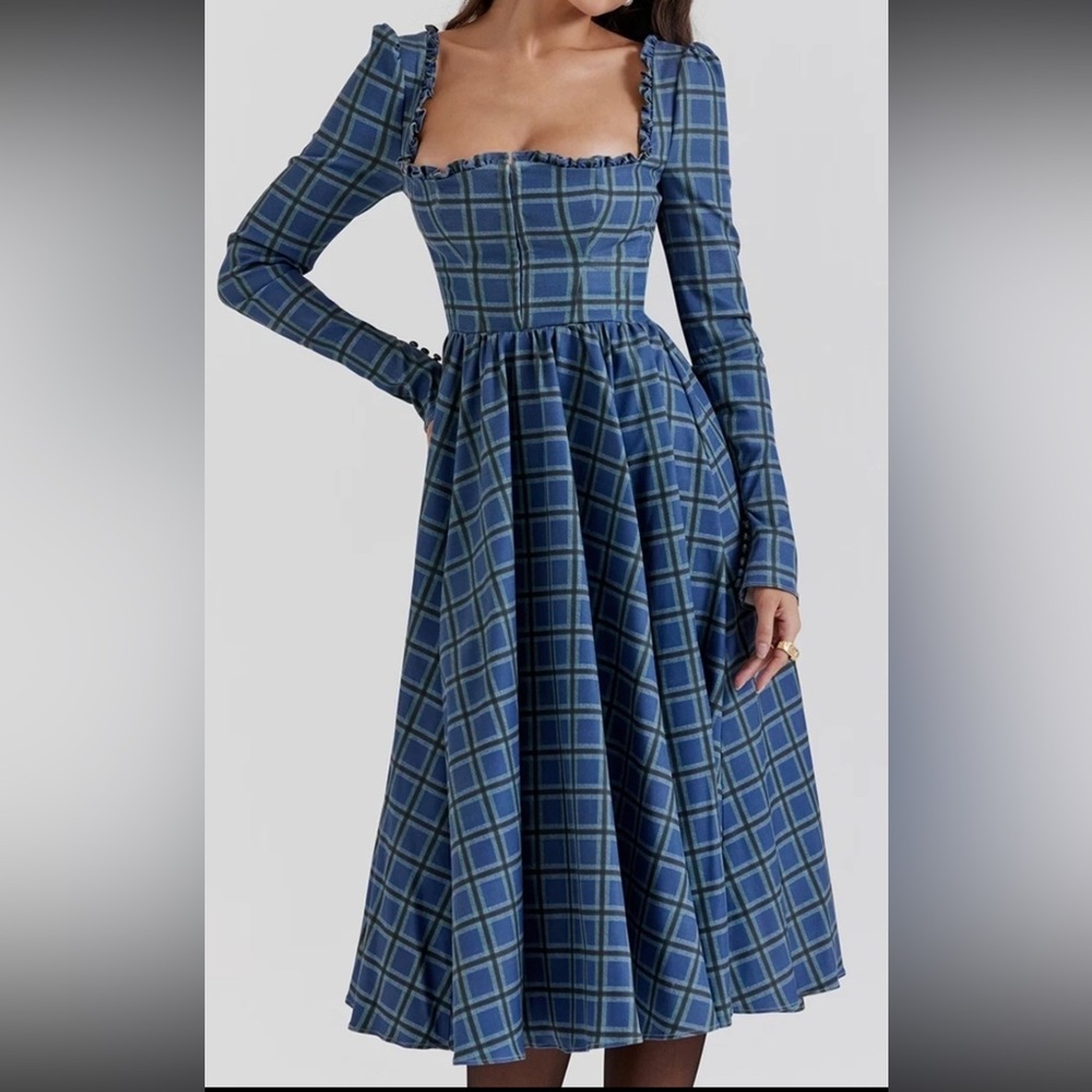 House of CB Blue Tartan Long Sleeve Dress